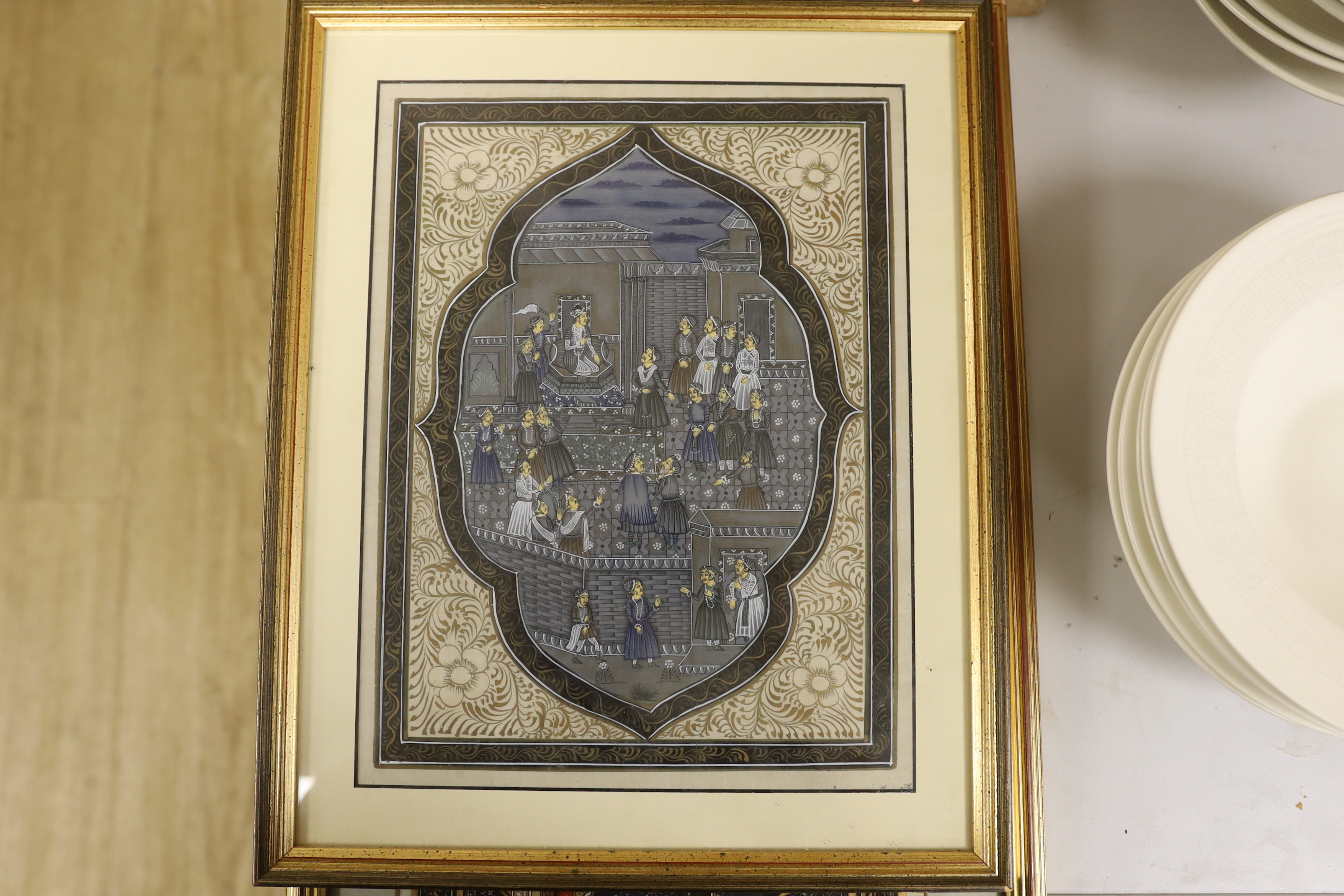 A collection of Persian and Indian illuminations, including processions, emperors and attendants and ink manuscripts, largest 31 x 24cm